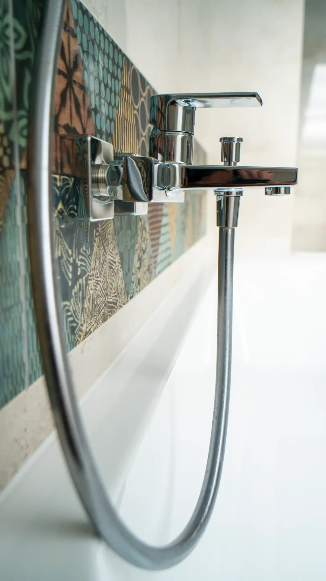 Fürdőszoba csaptelep a stílusos mintázatú csempén